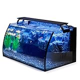 hygger Horizon 8 Gallon LED Glass Aquarium Kit for Starters with 7W Power Filter Pump, 18W Colored led Light, Wide View Curved Shape Fish Tank with Undetachable 3D Rockery Background Decor
